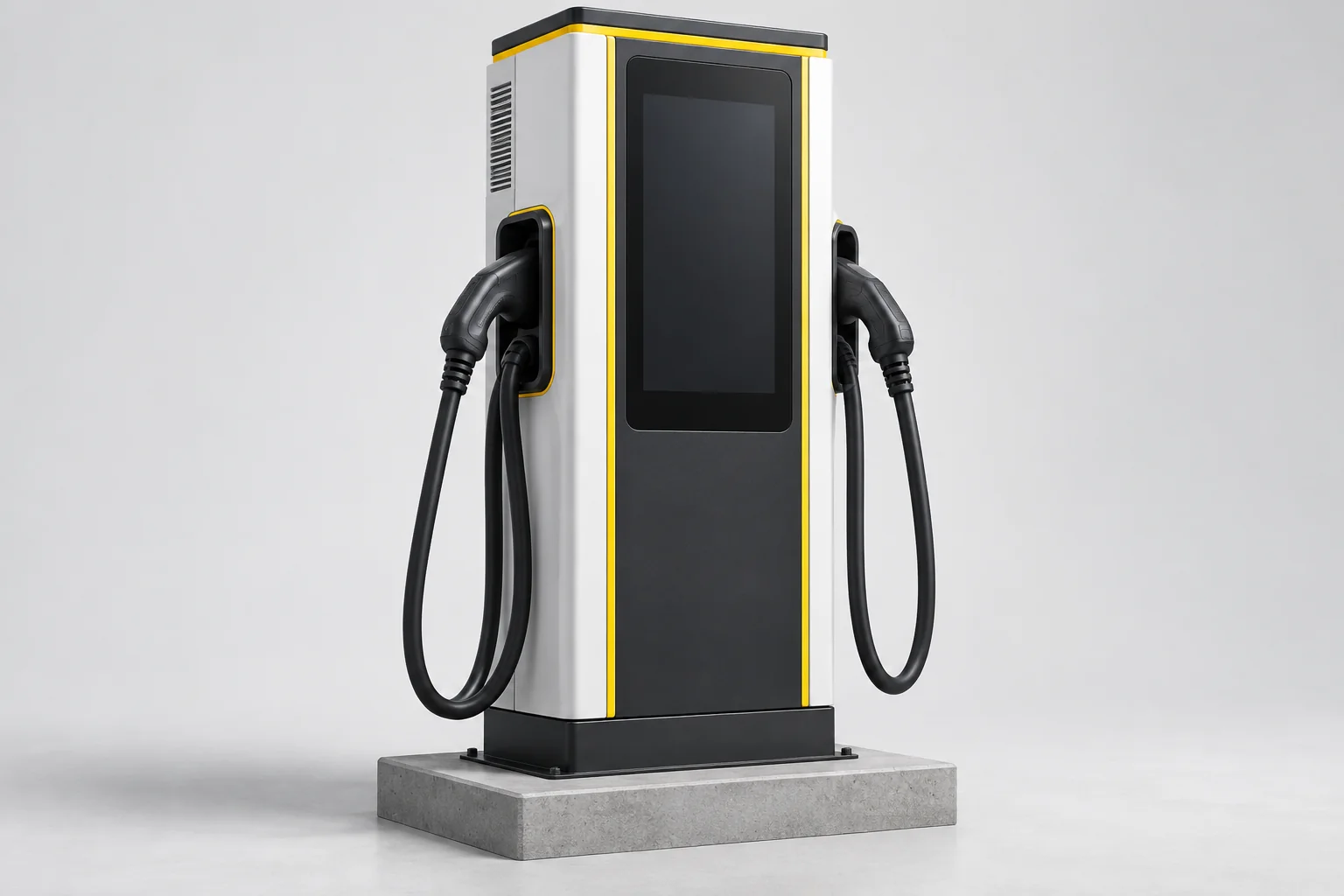 Illustrative commercial DC charging station with a display and two charging cables and connectors.