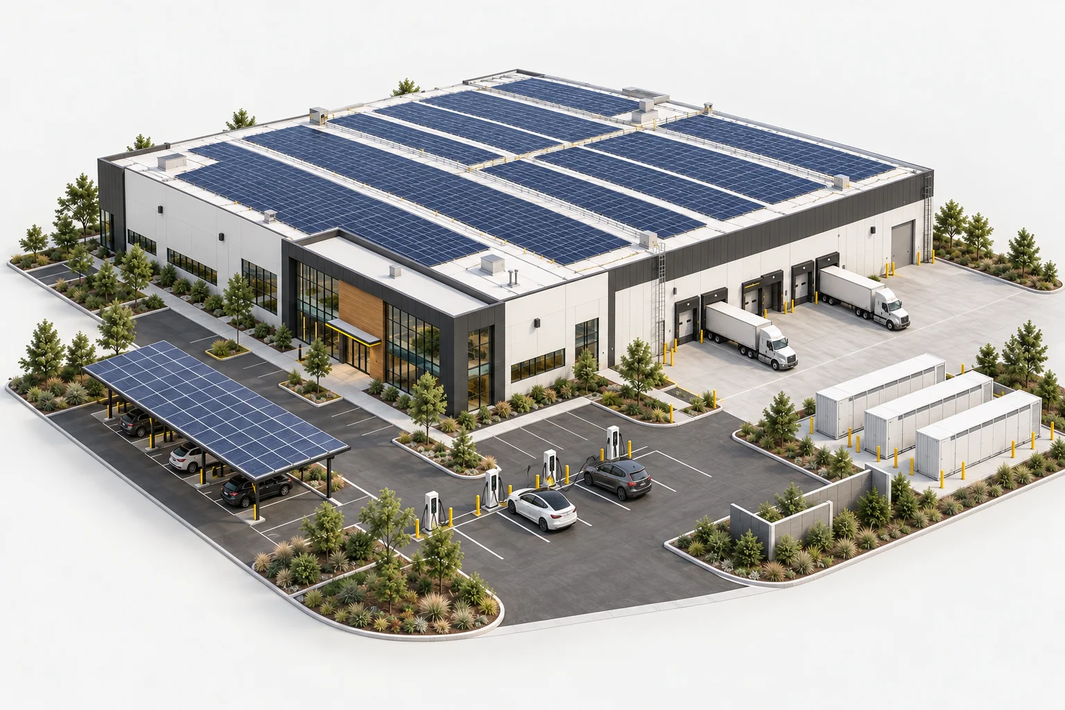 Illustrative commercial campus with rooftop solar, a solar carport, three large industrial battery cabinets and four commercial EV charging stations.